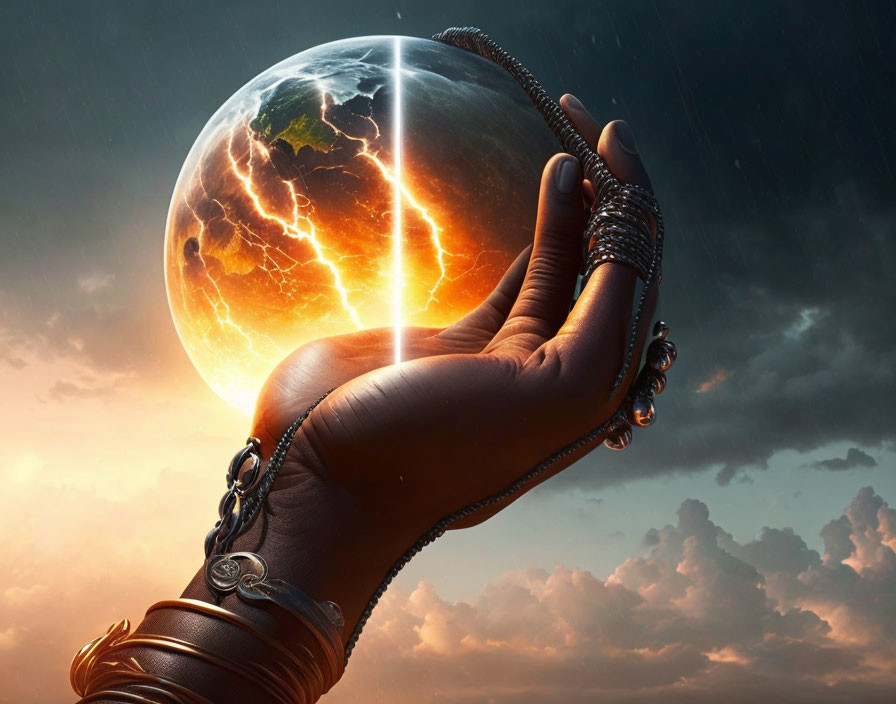 Intricately adorned hand holds glowing stormy planet in dramatic sky