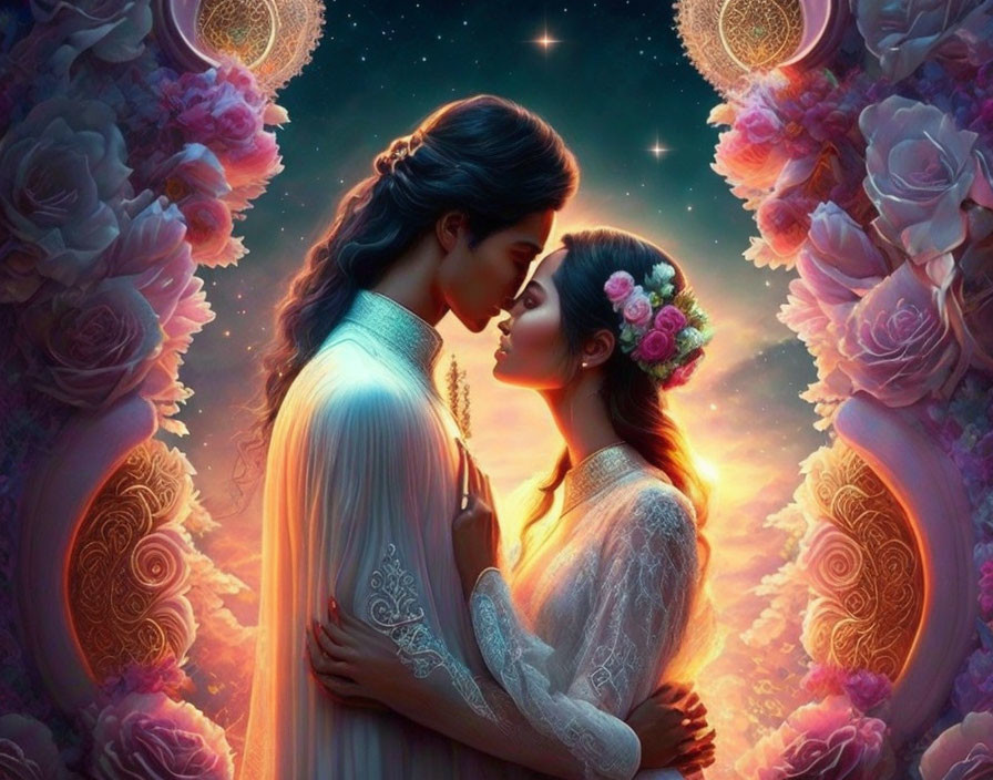 Romantic Couple Embracing in Vibrant Floral and Starry Background