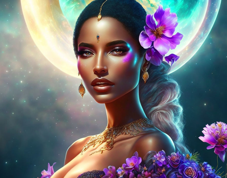 Woman with cosmic elements and vibrant flowers in digital art