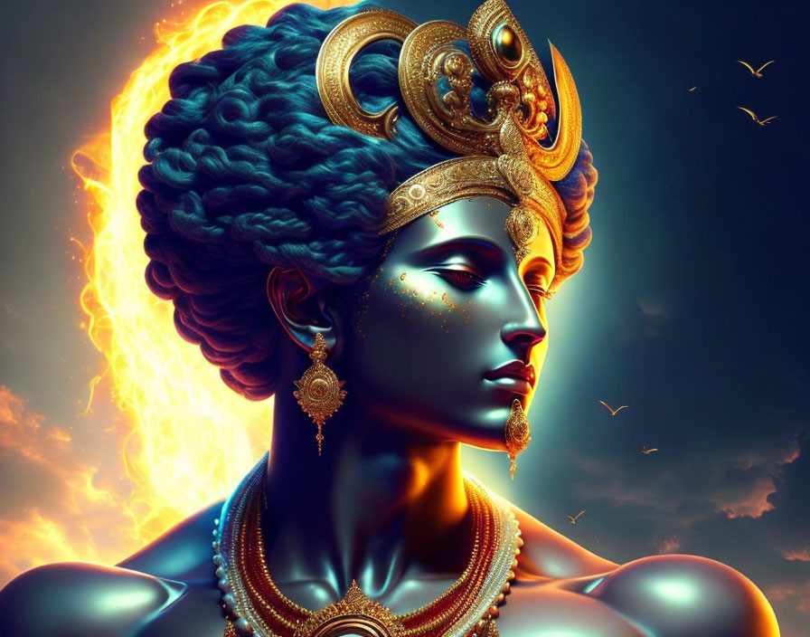 Digital artwork: Blue-skinned figure with ornate golden headdress and fiery hair in golden sky with