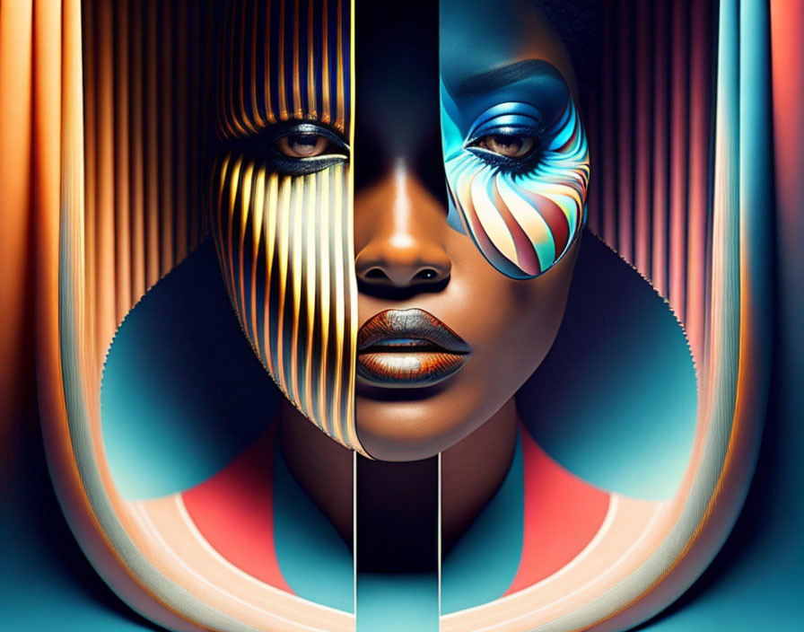 Split-Image Portrait: Woman's Face Transformed with Colorful Digital Patterns