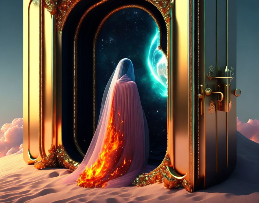 Veiled figure at ornate doorway in desert landscape at dusk