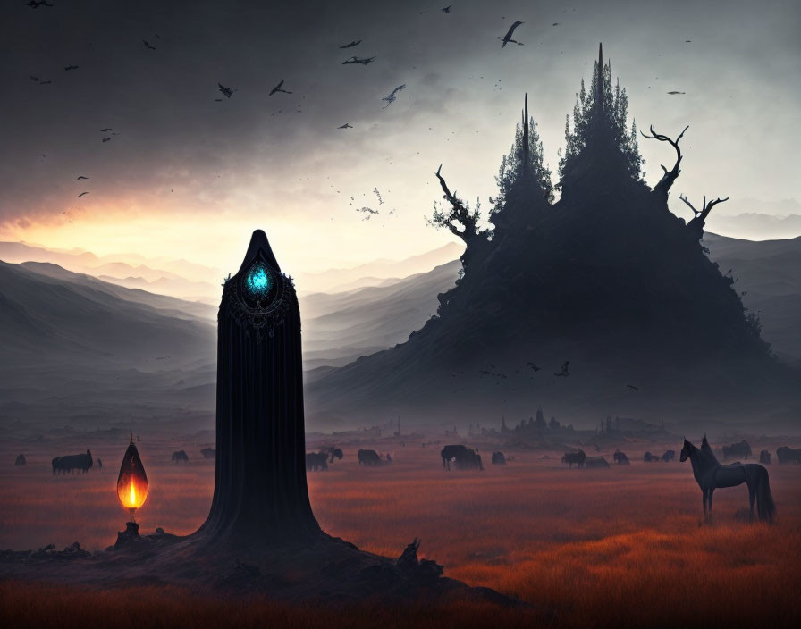 Mystical landscape with glowing monolith, brazier, animals, birds, mountains, and hill