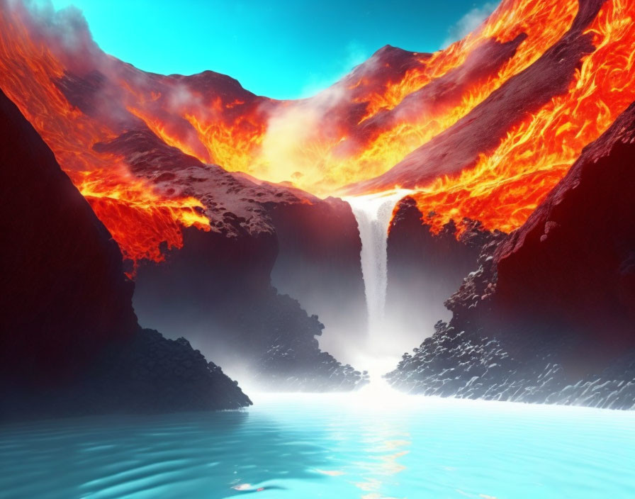 Surreal landscape with waterfall, lava flows, mountains, and dramatic sky