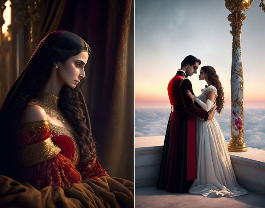 Split Image: Woman in Red Dress & Romantic Couple in Royal Attire at Sunset