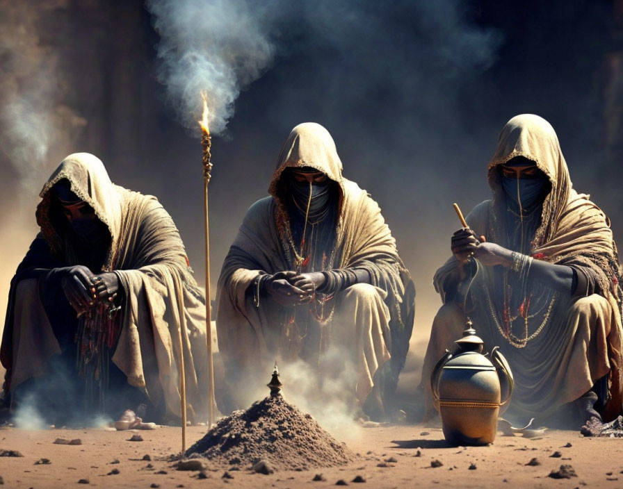 Three robed figures with covered faces in sandy setting with smoke, staff, and pot.