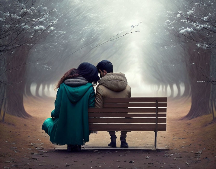 Couple sitting on bench near misty, snow-covered path with soft light.