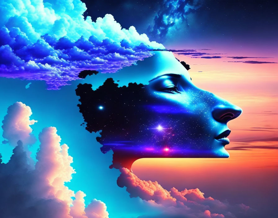 Surreal woman's profile with starry night sky and cloud hair on vibrant dusk background