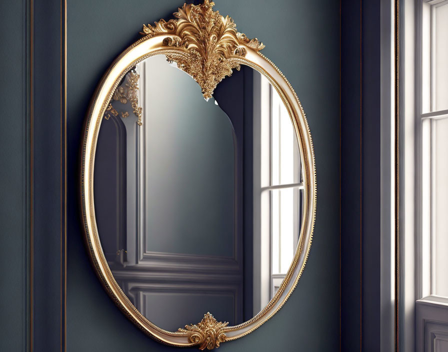 Gold-Framed Oval Mirror on Dark Blue Wall with Elegant Interior Reflection