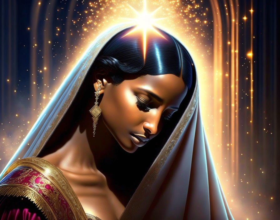 Illustration of woman with glowing star, draped in veil, surrounded by lights and stars