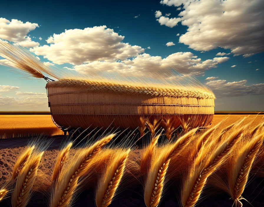 Surreal oversized wooden hairbrush with wheat bristles in wheat field