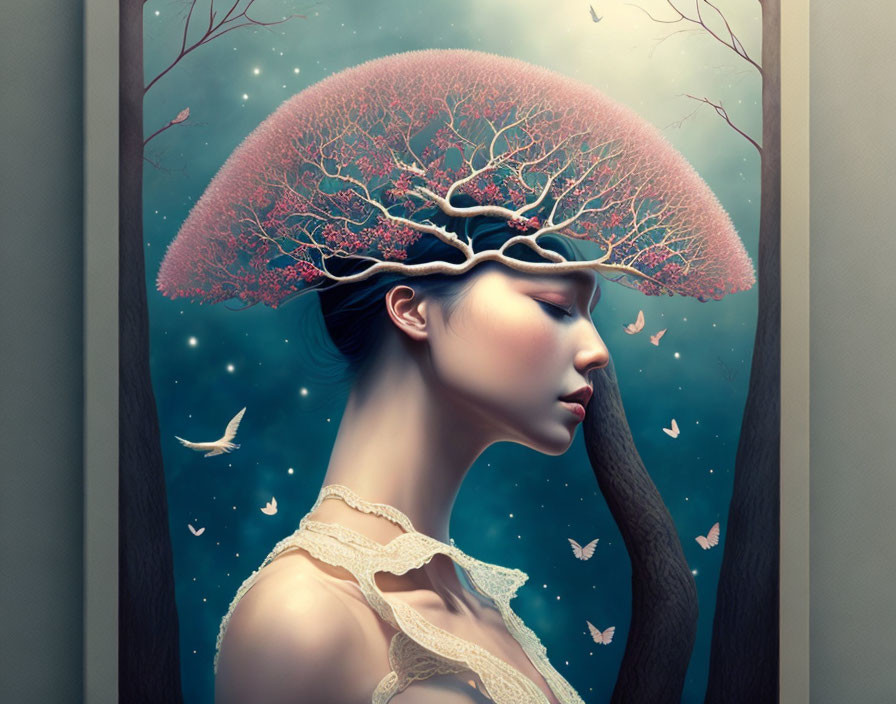 Surreal artwork of woman with tree crown and butterflies