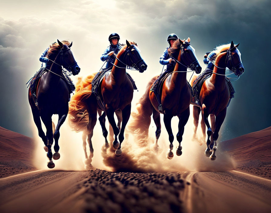 Three jockeys racing horses on a dirt track under a dramatic sky