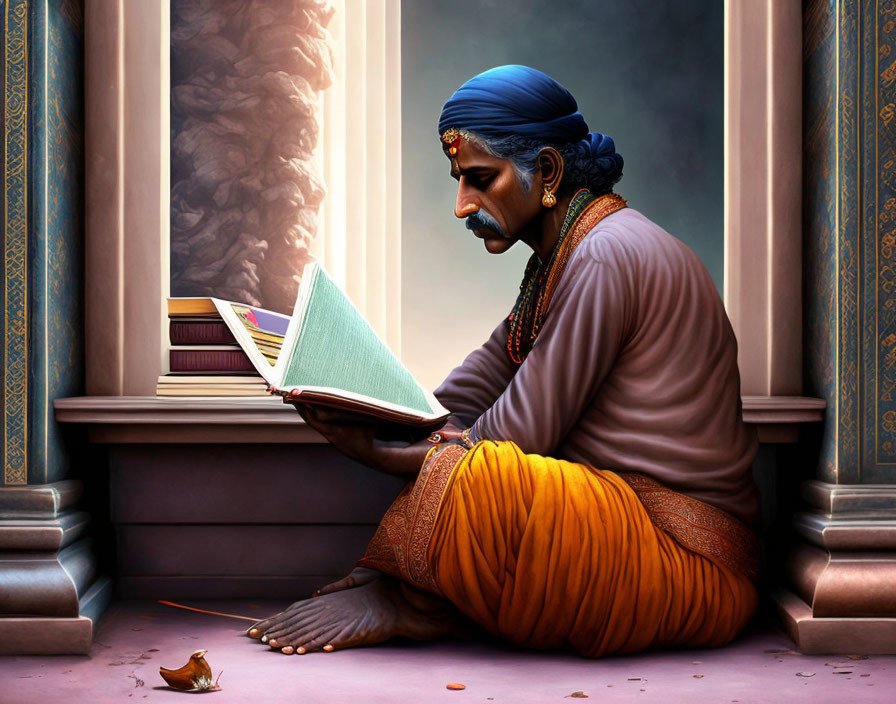 Traditional Indian man reading book near bird on stone floor.