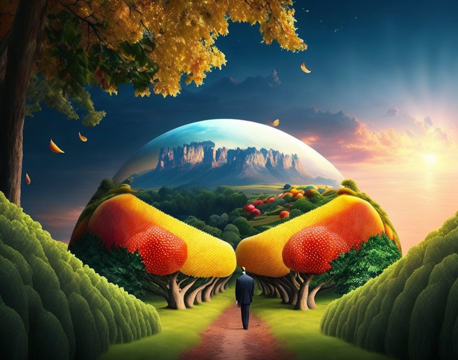 Person walking towards surreal landscape with oversized fruit, whimsical trees, and floating city in a bubble at