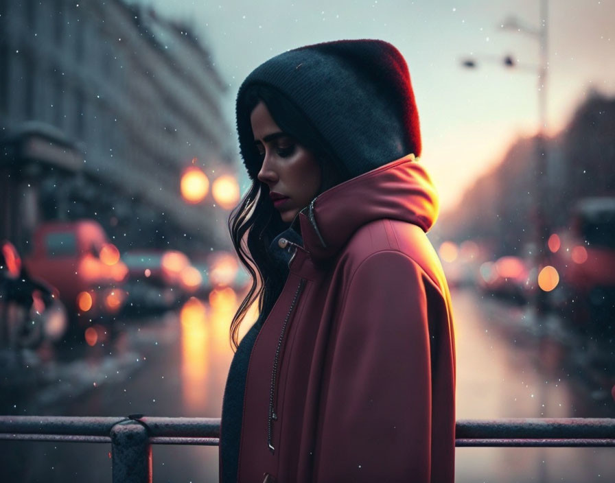 Contemplative woman in red jacket by city railing at twilight