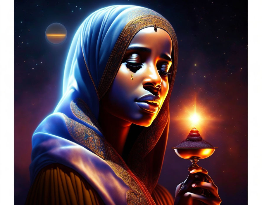 Digital art: Woman with headscarf holding lamp in cosmic scene