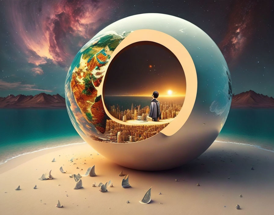 Man inside surreal spherical structure with varied environments on beach