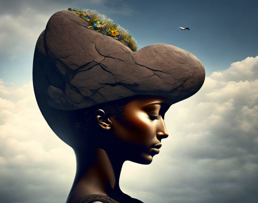 Person with Rock Headpiece and Flying Bird in Surreal Image