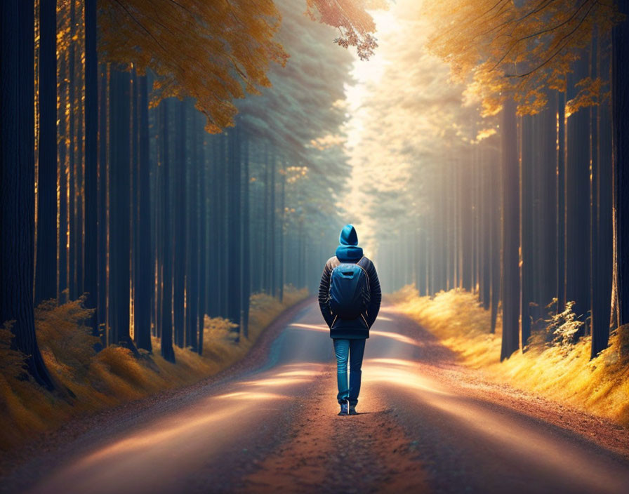 Solitary figure walking on sunlit forest road among tall trees