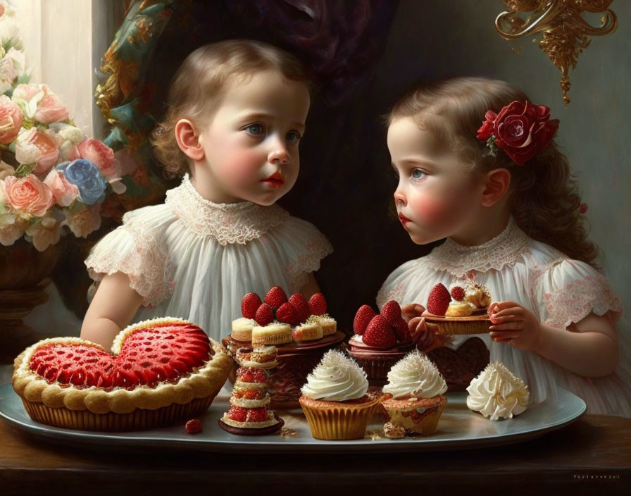 Vintage Attired Children Admire Elaborate Desserts in Ornate Setting