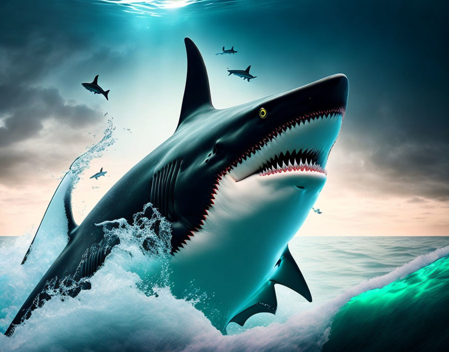 Menacing shark leaping out of ocean with sharp teeth, smaller sharks in dramatic sky.