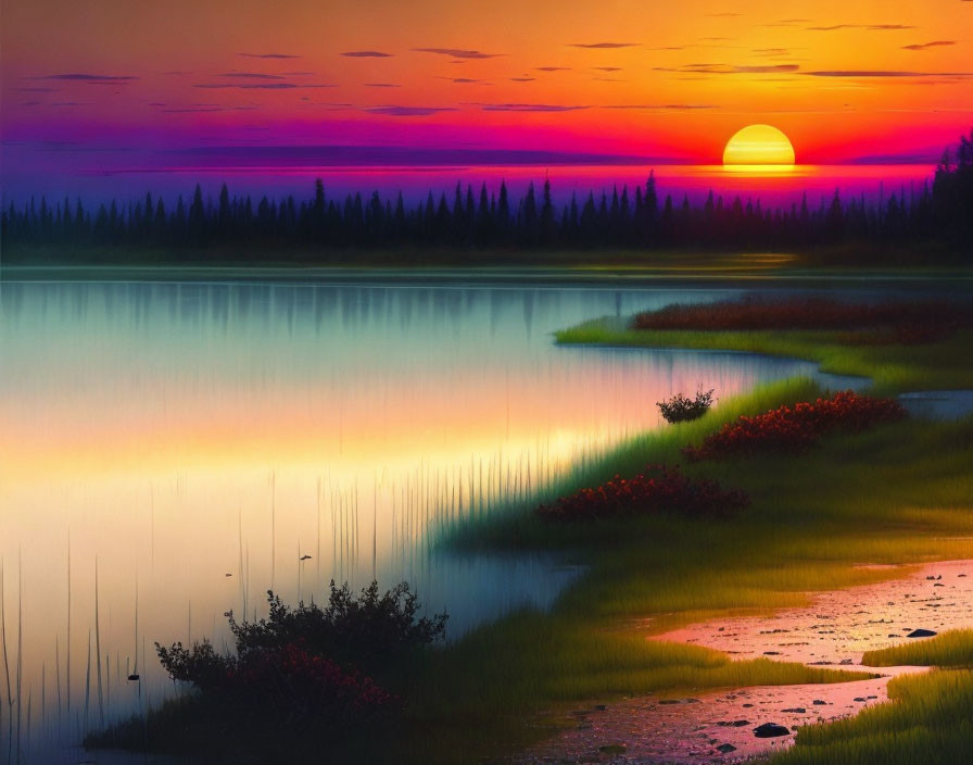 Vibrant sunset over tranquil lake with lush vegetation