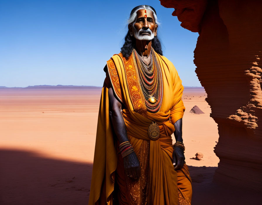 Vibrant orange traditional attire person in desert landscape