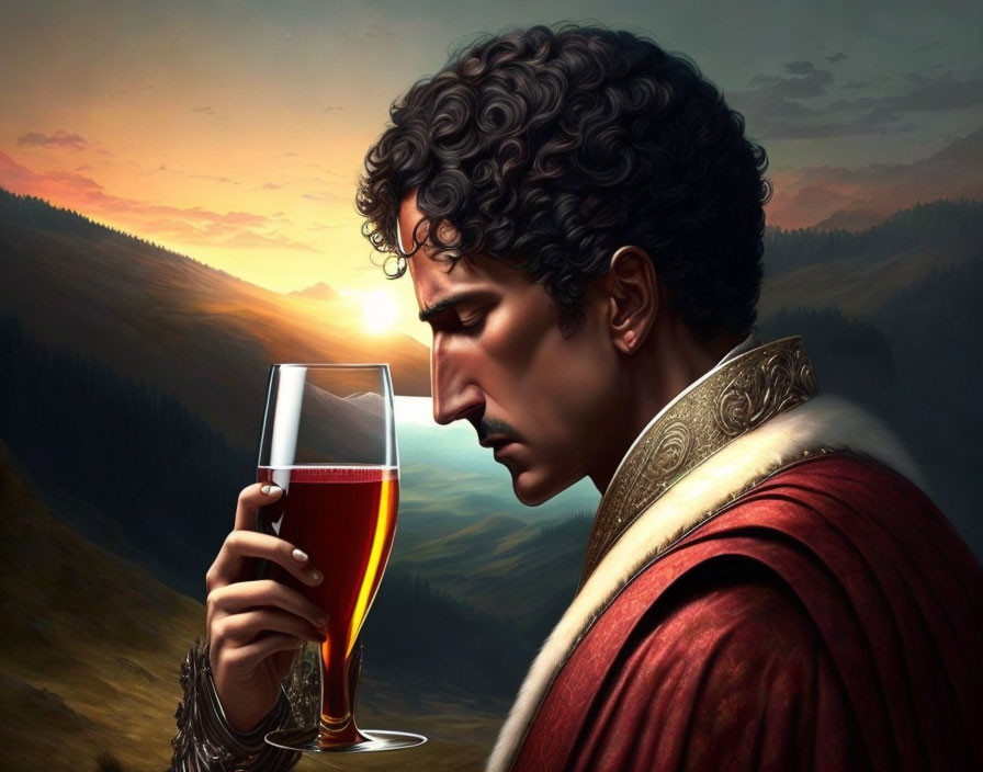 Digital Painting: Pensive Man in Historical Attire with Wine Glass and Sunset Background