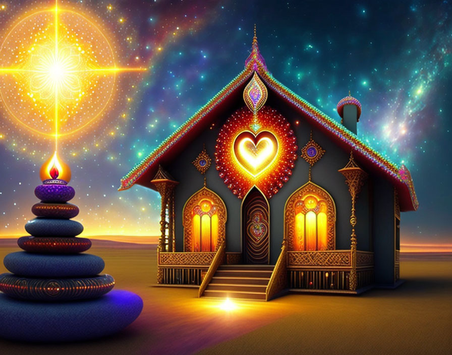 Fantastical illuminated house with heart-shaped designs and vibrant patterns