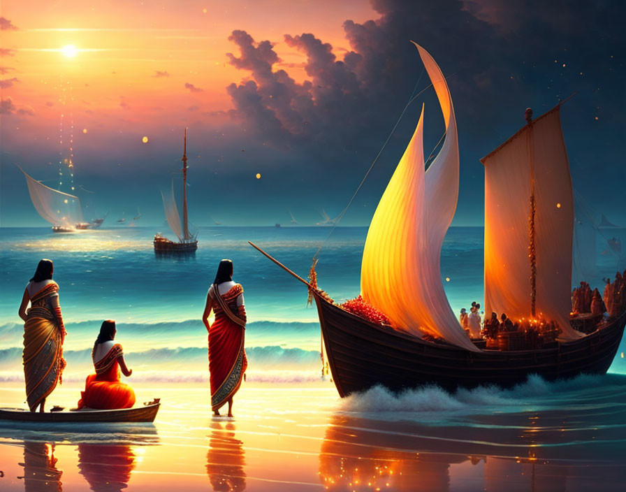 Traditional attired people watching sailboats on shimmering sea at sunset