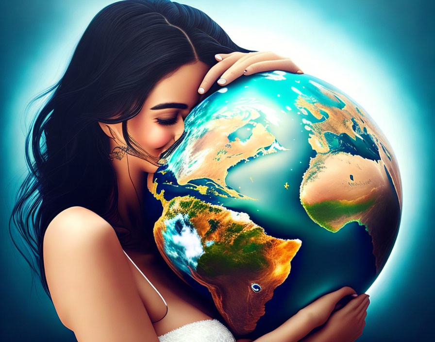 Illustration of woman hugging glowing globe on blue backdrop