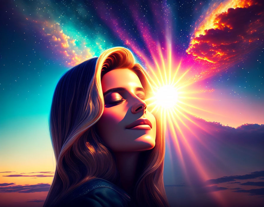 Serene woman digital illustration with glowing sunset and cosmic sky