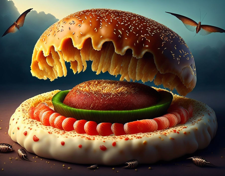 Surreal landscape scene depicted on a hamburger bun artwork