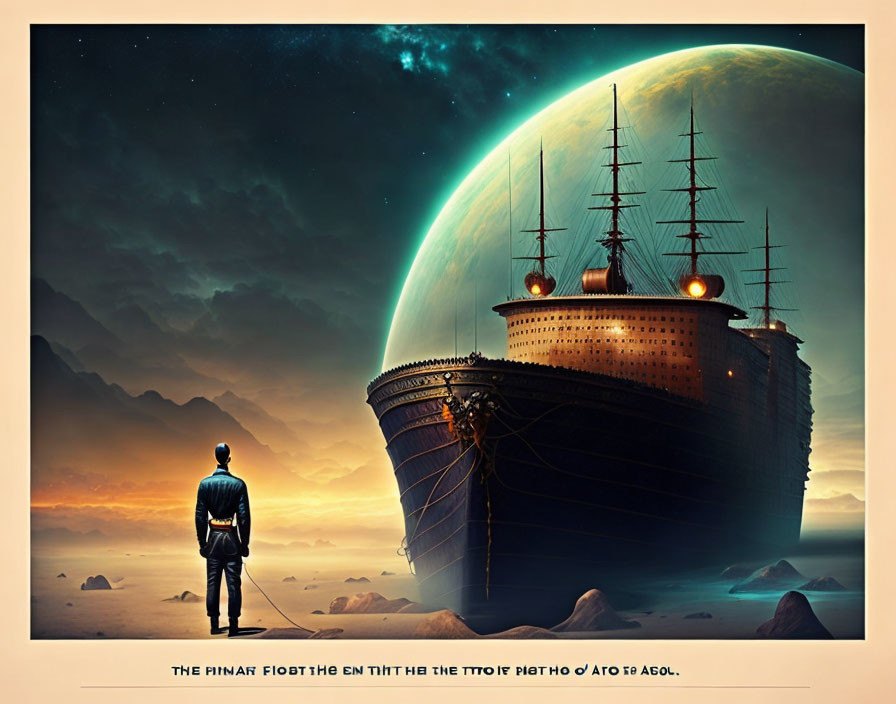 Person standing by massive ship on dry seabed with planet and starry sky