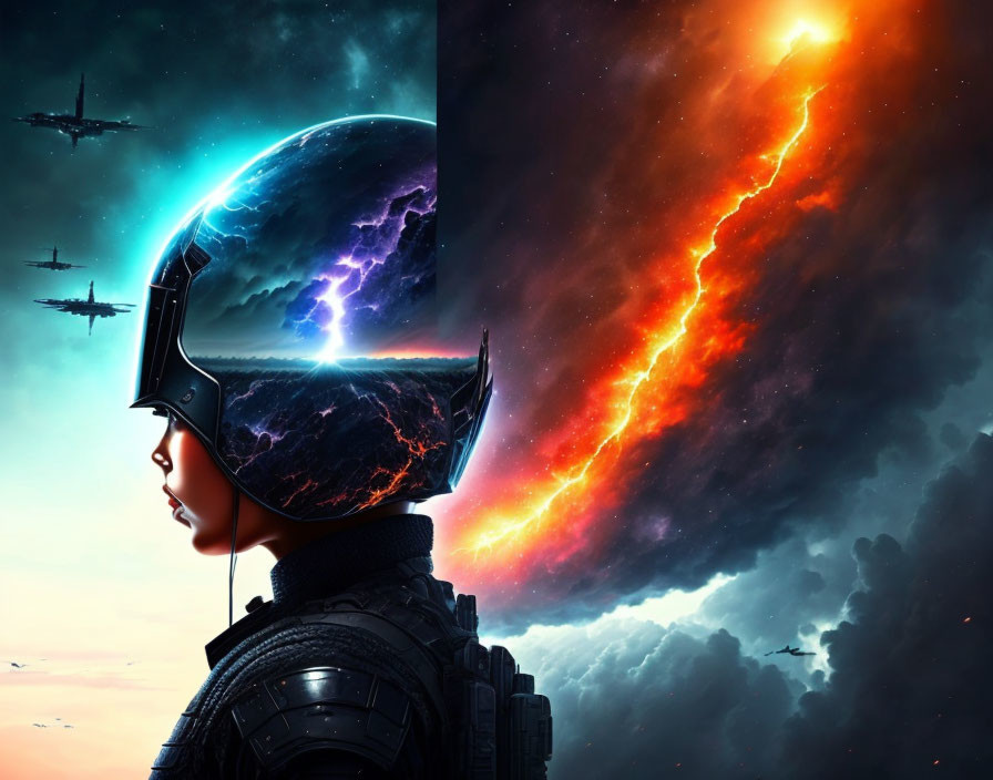 Person in futuristic helmet observing cosmic scene with thunder, fire, and distant aircraft.