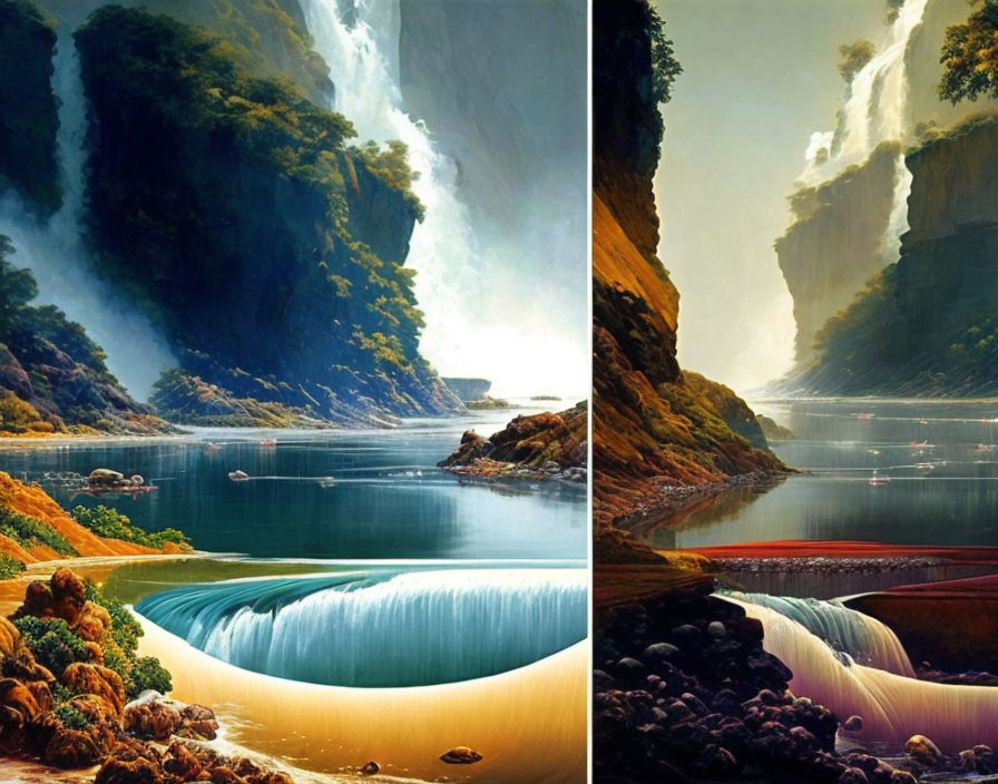 Split-view artwork: Waterfall in natural to otherworldly landscape