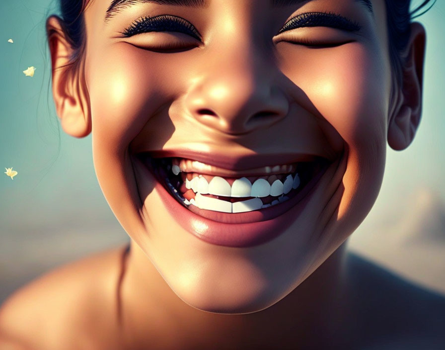 Child's Bright Smile with White Teeth and Butterflies in Sunlight