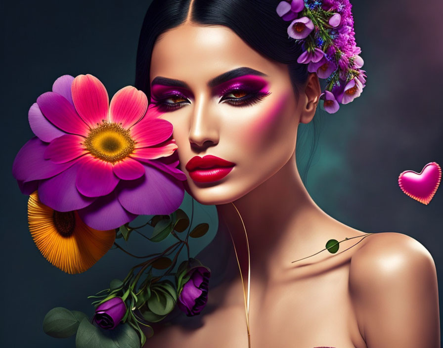 Digital artwork of woman with vibrant makeup and floral hair adornments.