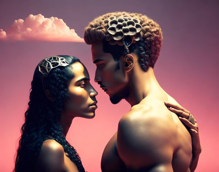 Man and woman with artistic hairstyles in profile view against pink backdrop with clouds, man touching woman's shoulder