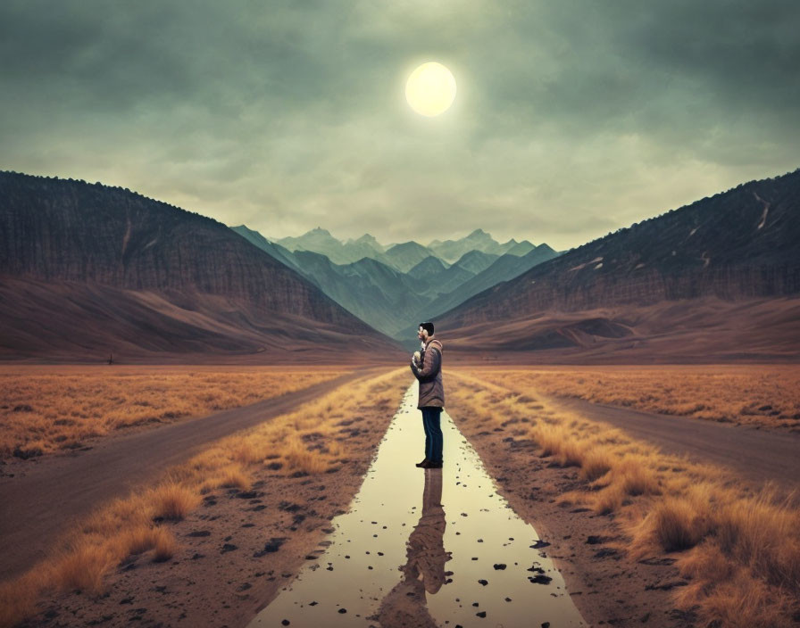 Person standing on wet road in barren landscape under pale sun