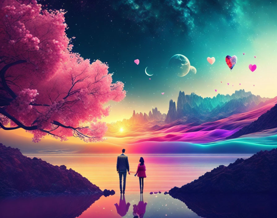 Couple in vibrant landscape with surreal sunset and colorful auroras