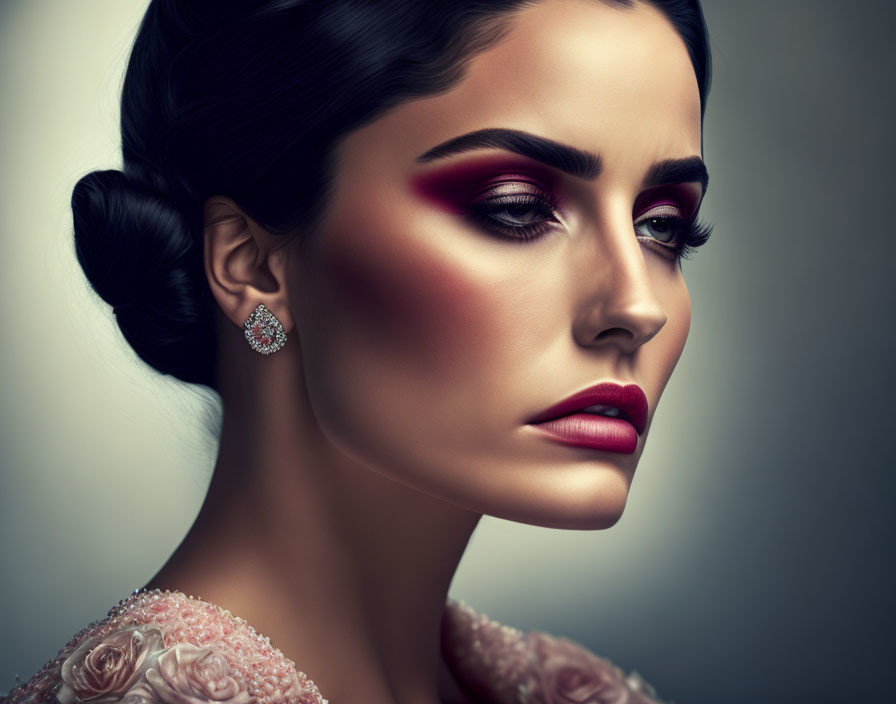 Woman with Red Eyeshadow and Rose-Embellished Garment