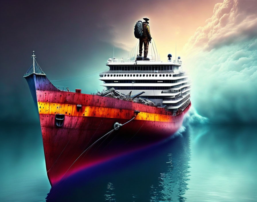 Vibrant cruise ship sailing on surreal sea with giant figure on bow