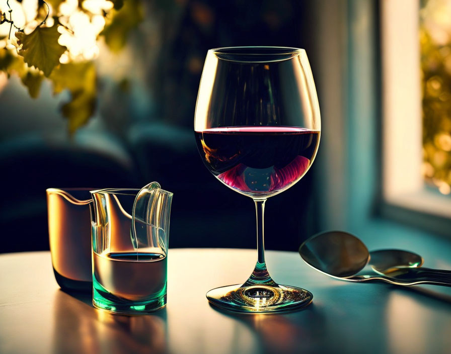 Red wine glass, pitcher, and spoon on warmly lit table by window with foliage