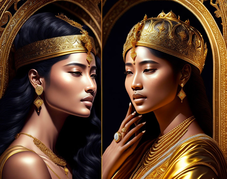 Digital artwork split in two: woman in profile with golden jewelry and regal headpiece, one side