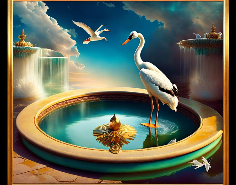 Surreal painting of stork by pond with waterfalls and lotus flowers