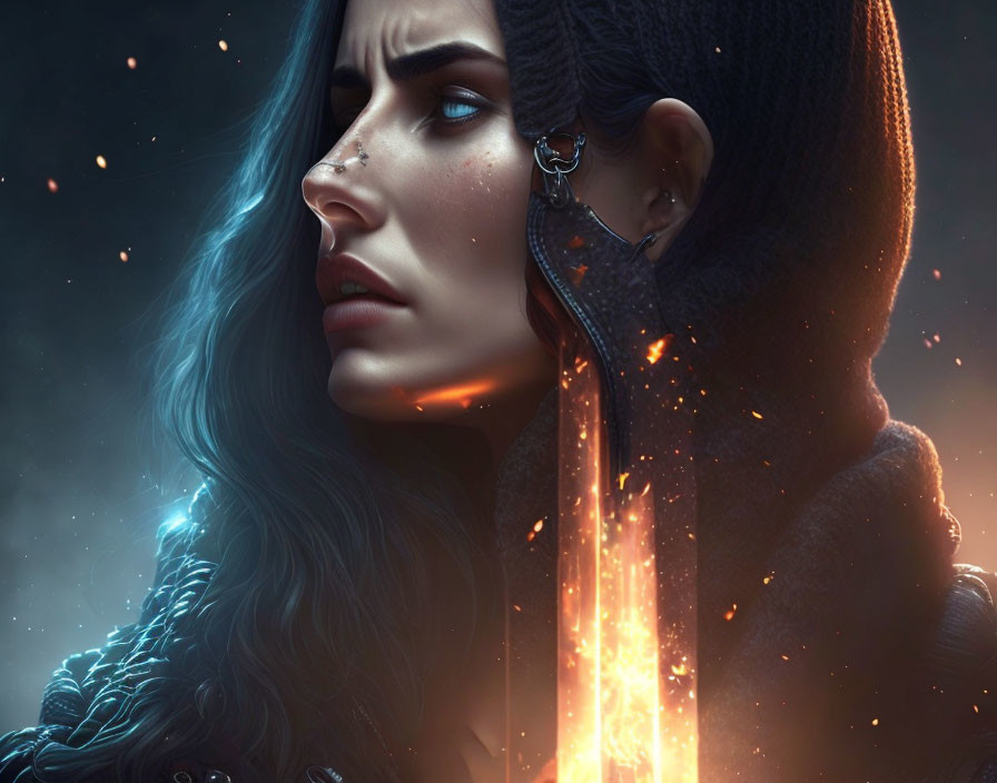 Digital Artwork: Woman with Blue Skin, Black Hair, and Glowing Eyes in Dark Cloak