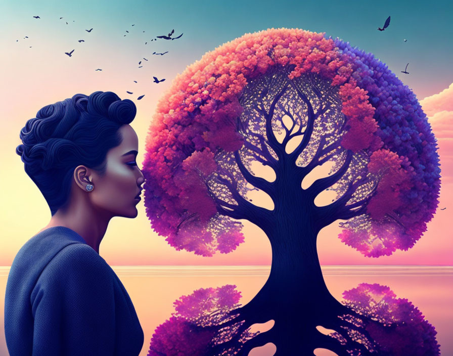 Woman with vibrant pink tree hair under twilight sky with flying birds