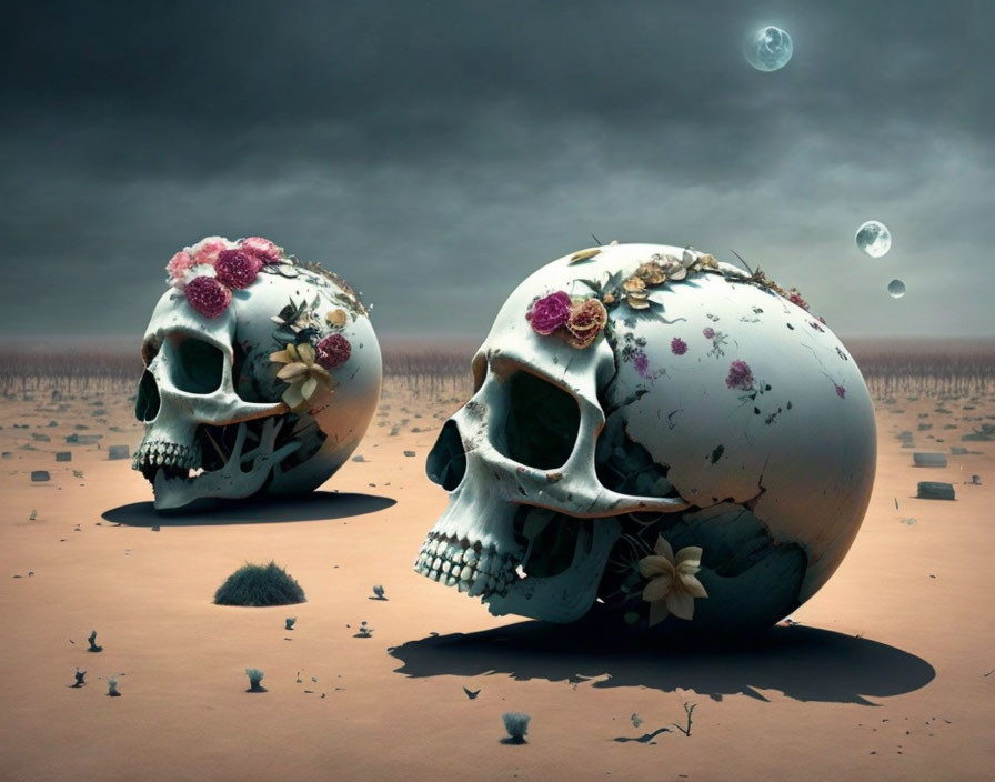 Decorated skull replicas in desolate landscape with floating orbs